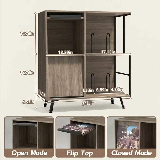Faesun 3 Tier Flip Top Record Player Stand, Vinyl Record Storage Holds up to - Image 3