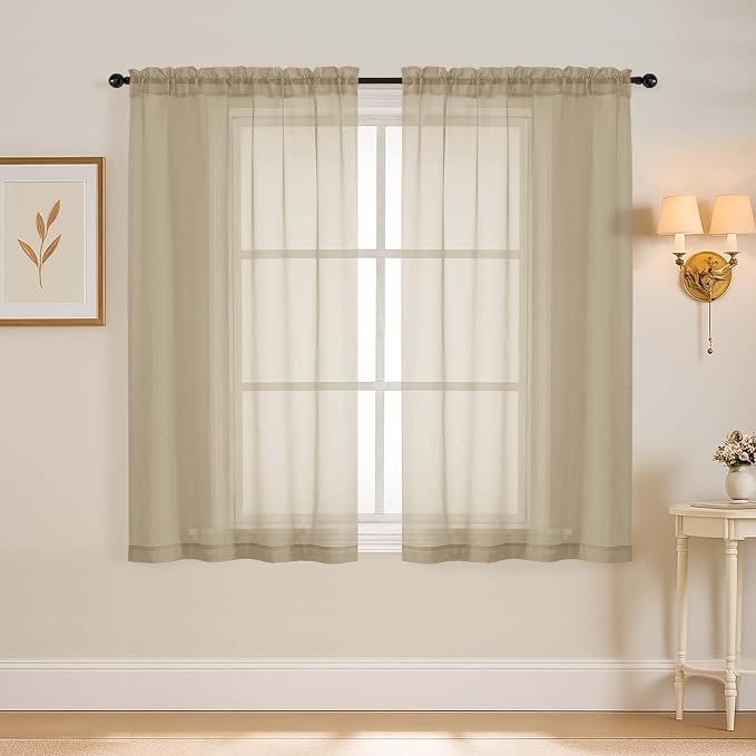 Taupe Window Sheer Curtains 45 Inches Length, Voile Short Curtains by Home