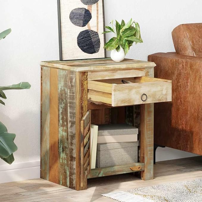 vidaXL End Table w/ 1 Drawer 1 Door Reclaimed Wood Side Storage Cabinet Stand - Image 2