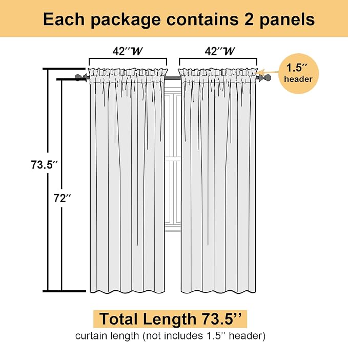Lecloud Lemon Sheer Curtains 72 Inches Long 2 Panels, Solid Voile Rustic Window - Image 3