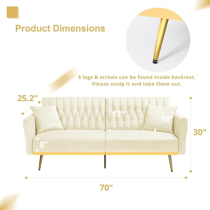 70” Velvet Futon Sofa Bed with 2 Pillows and Adjustable Armrests, Convertible - Image 3