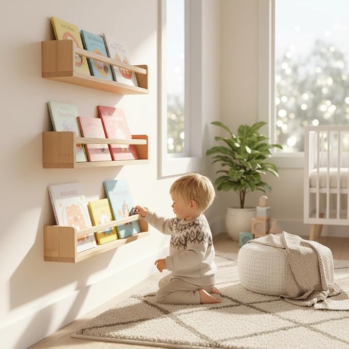 AZSKY 24 Inch Natural Pine Wood Floating Shelves, Nursery Book Shelves - Image 2