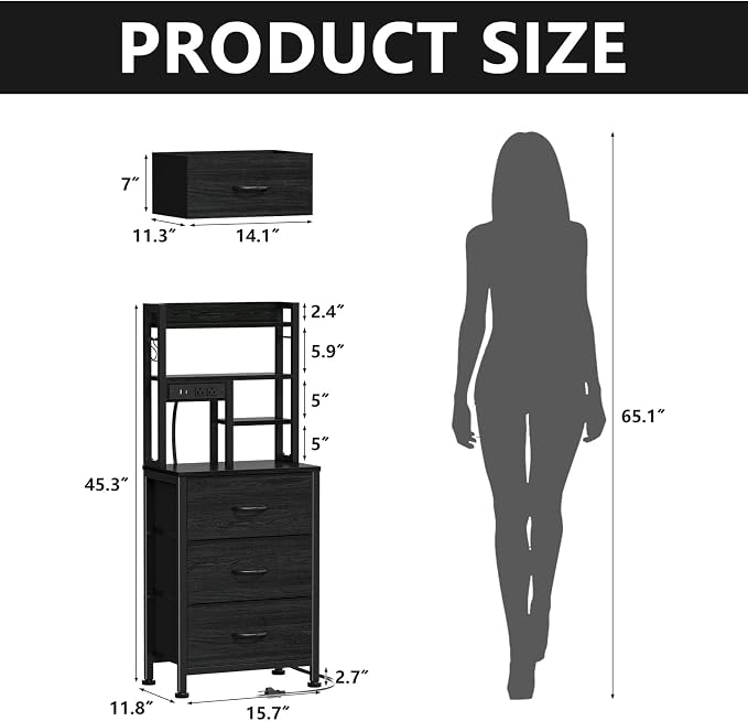 Furnulem Tall Night Stand with 3 Fabric Drawers and LED Lights, Nightstand with - Image 3