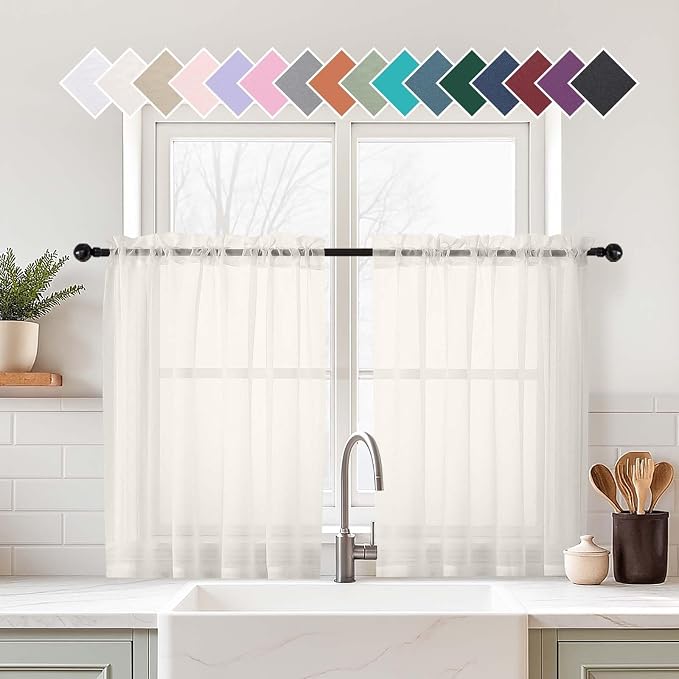 Ivory Small Sheer Curtains 2 Panels Set, Kitchen Curtains 36 Inch Length by Home