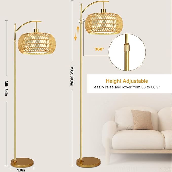 ZECOXOL Gold Floor Lamps for Living Room Rattan Boho Floor Lamp - Image 6