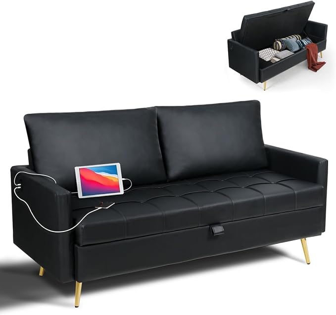 LINLUX Black Leather 60" W Couch - Image 3