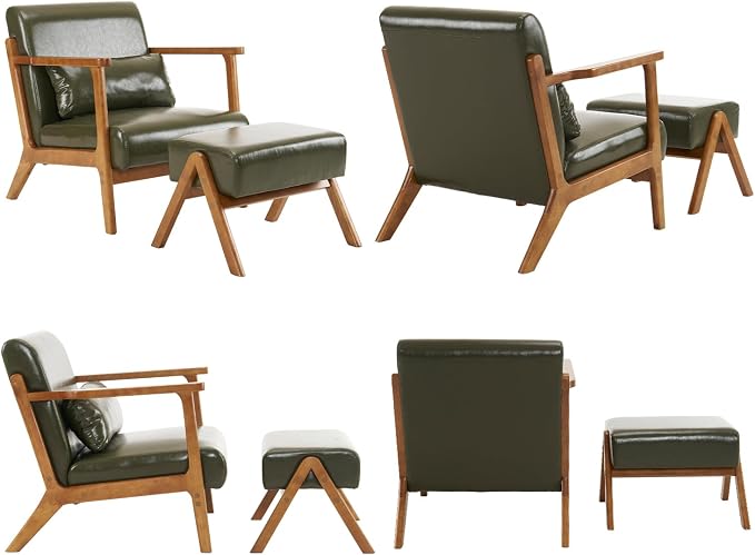 Accent Chair and Ottoman Set, Mid-Century Modern Faux Leather Upholstered - Image 9