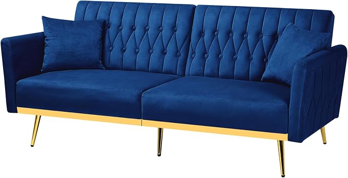 70” Velvet Futon Sofa Bed w/Adjustable Armrests and Backrest, Convertible Futon - Image 8
