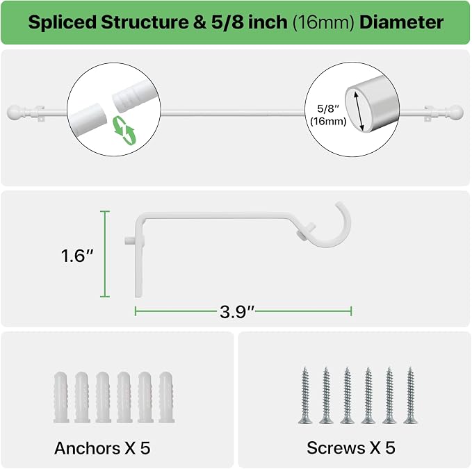 White Curtain Rods for Windows 28 to 48 inch, Adjustable Curtain Rod Set - Image 3