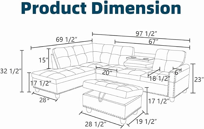 97.5" L Shaped Couch Set Linen, Modular Sectional Couches - Image 2