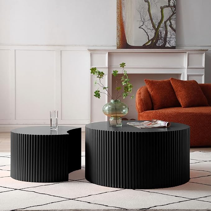 Black Round Coffee Table Nesting End Table Set of 2 Fluted Side Tables Set by JURMALYN