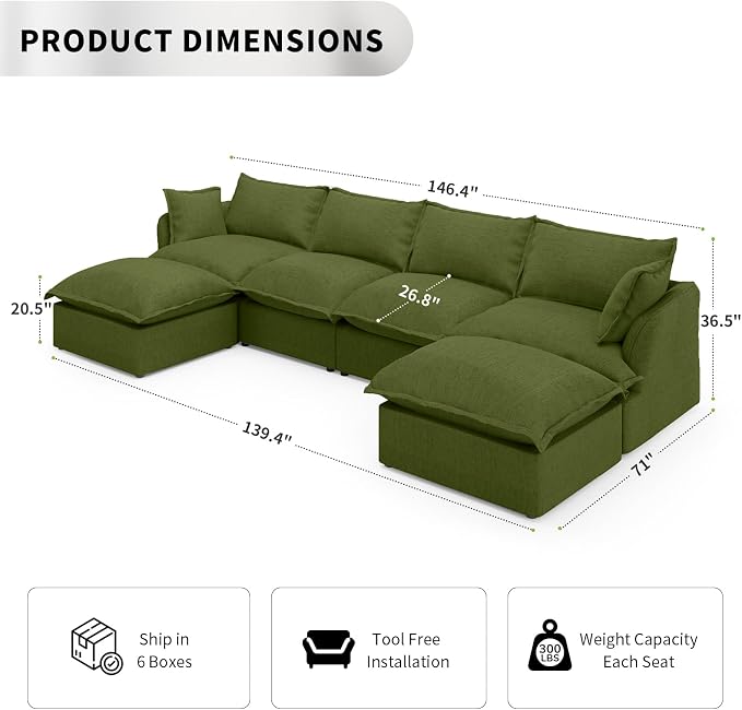 6 Seat U Shape Modular Sectional Couch Sofa - Image 2
