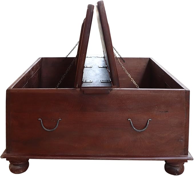 18 Inch Tall Vintage Trunk Storage Coffee Table | Rectangle Solid Wood Chest - Image 8