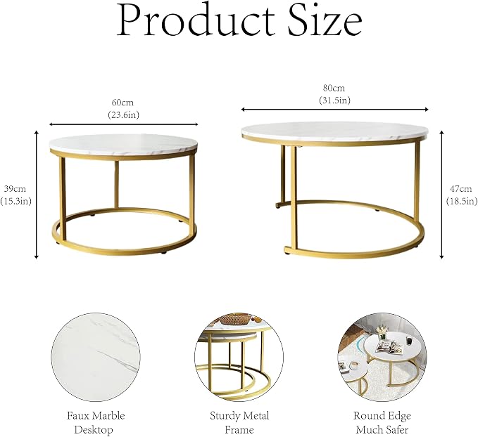 AT-VALY Coffee Table Set of 2 Nesting Tables, Round Sofa Table - Image 3