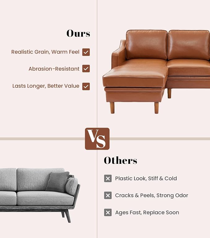 Kingfun 88" L-Shape Sofa, Faux Leather Sectional Couch, Mid Century Modern - Image 8