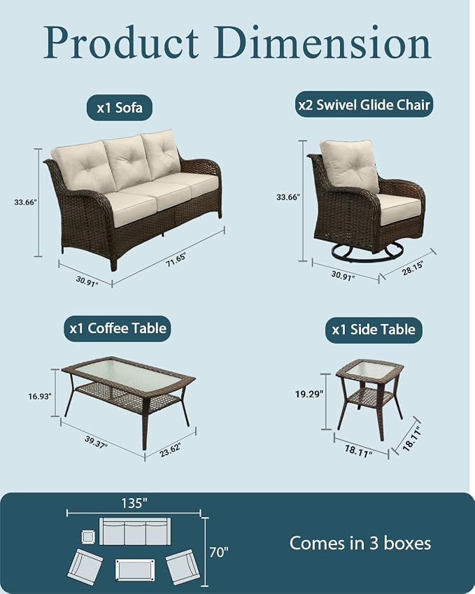 Patio Furniture Set, High Back Rattan Sofa & Swivel Rocker Chairs, Weather - Image 6