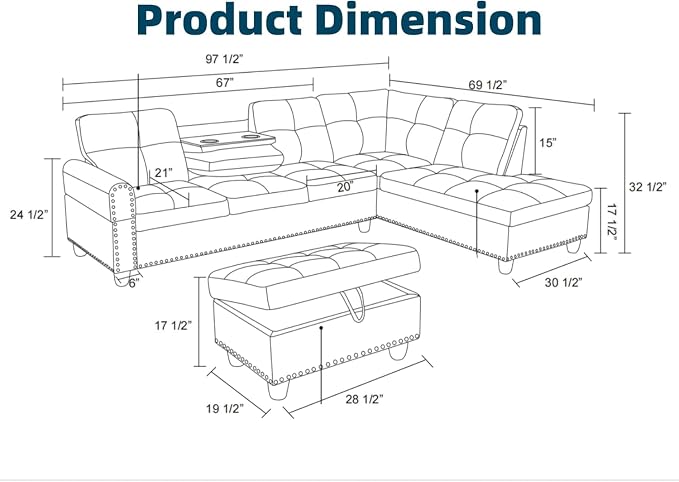 97.5" L Shaped Couch Set, Modular Sectional Couches - Image 2