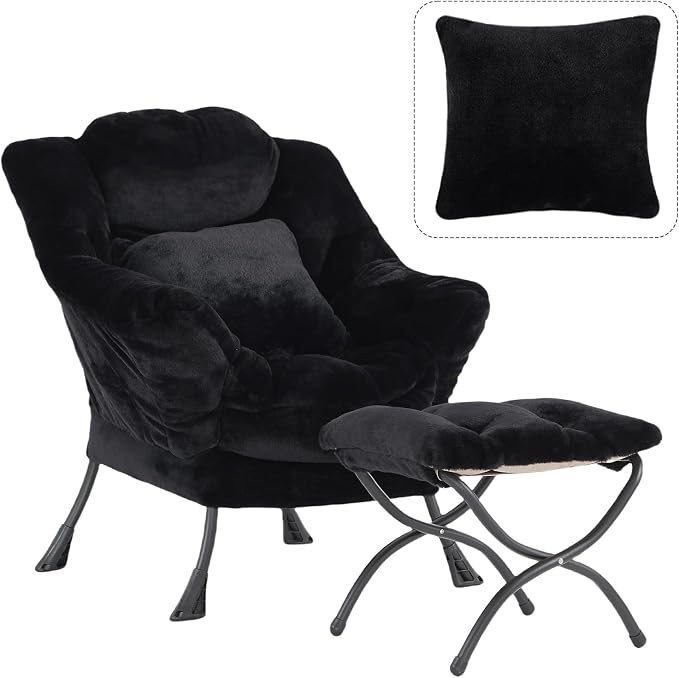 Lazy Chair with Ottoman, Large Black Accent Chair with Ottoman and FA Throw by HomeEastllyHome