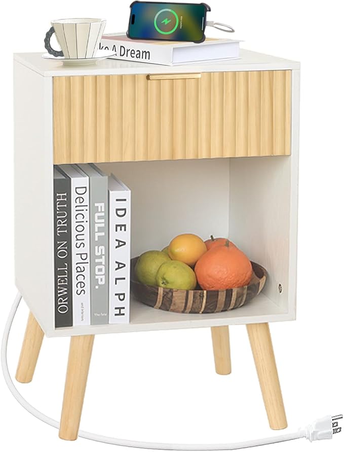 Fultyle Night Stand with Charger Station, Modern Wood Nightstand with Drawer by Fultyle