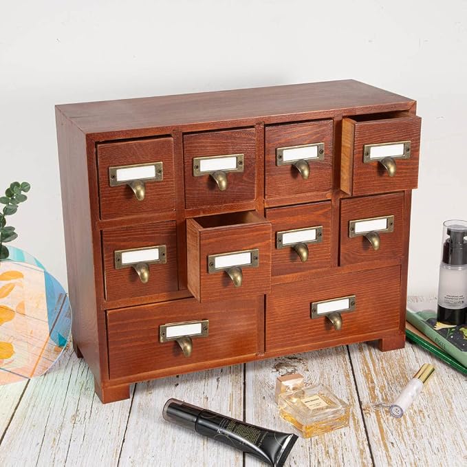Apothecary Cabinet with 10 Drawers & Labels Rustic Library Card Catalog Cabinet - Image 4