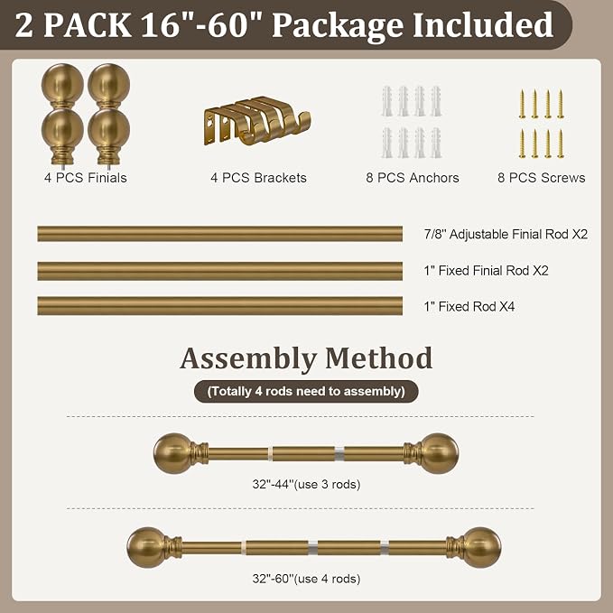 2 Pack Warm Gold Curtain Rods for Windows 28 to 48 Inch 1" Diameter Short Small - Image 9