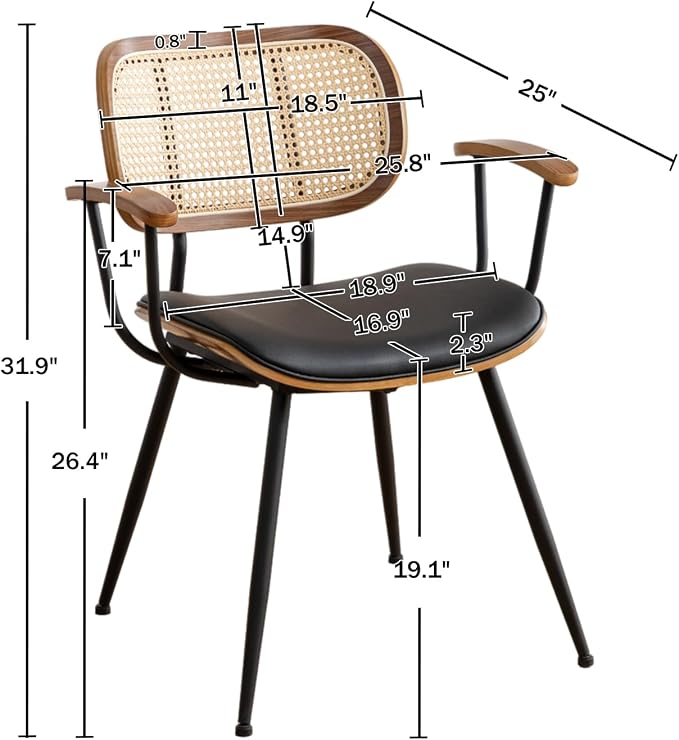 Rattan Dining Room Chairs Set of 2, Mid Century Modern Kitchen Side Chairs - Image 2