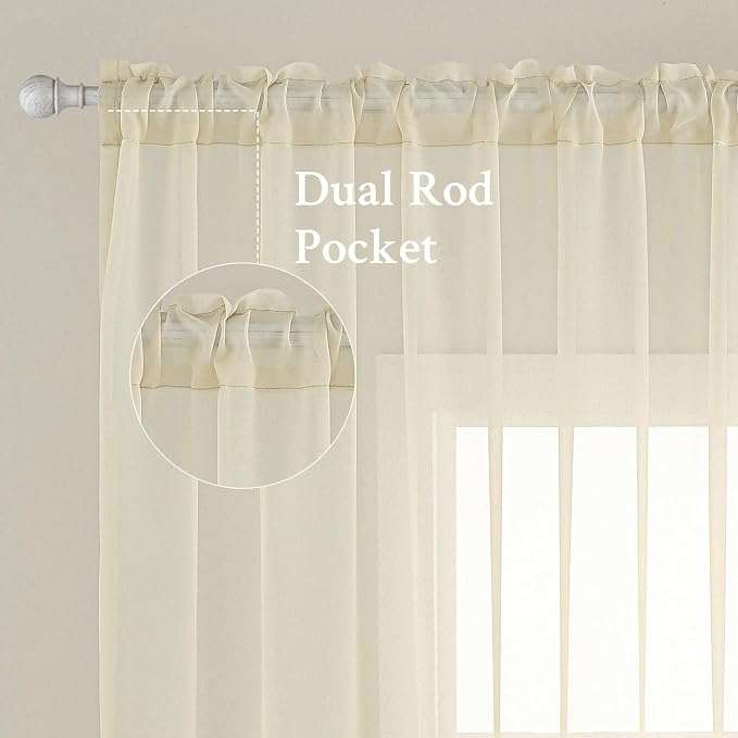 MIULEE Short Sheer Curtains 45 Inches Long, Light Cream Light Filtering Voile - Image 2
