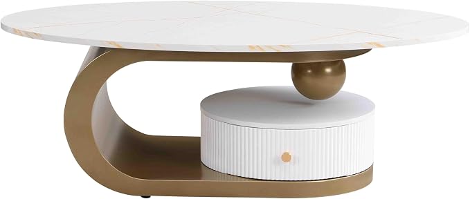 Modern Oval Coffee Table Set of 2, Faux Marble Coffee Table and Round End Table - Image 7