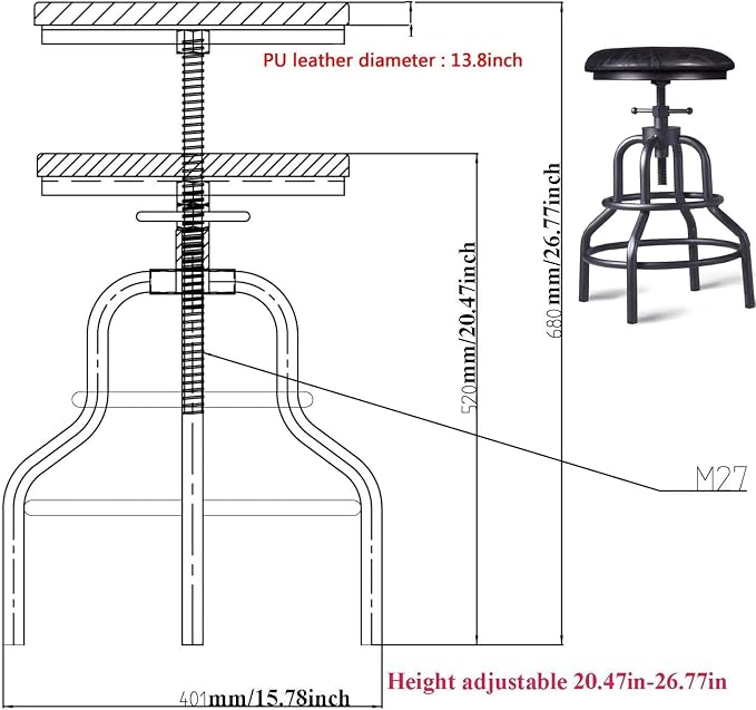 Industrial Vintage Counter Stool, Kitchen Counter Height Adjustable Swivel Chair - Image 3