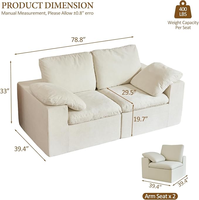 ANONER 78" Loveseat Sofa, Deep Seats, Cloud Sectional Couches - Image 2