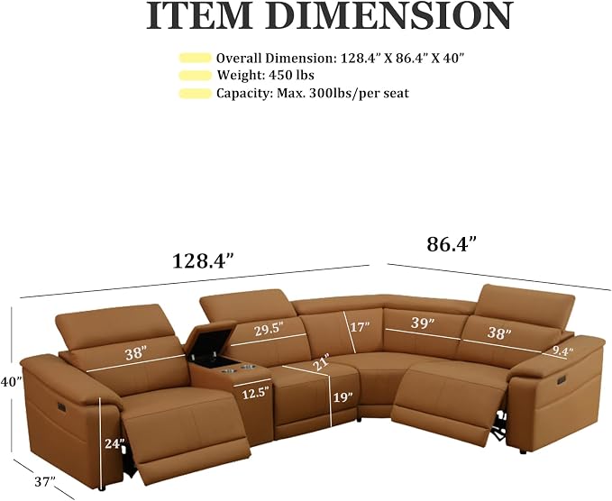 Power Recliner Sectional Sofa, L-Shaped Living Room Furniture Set, Leather - Image 2