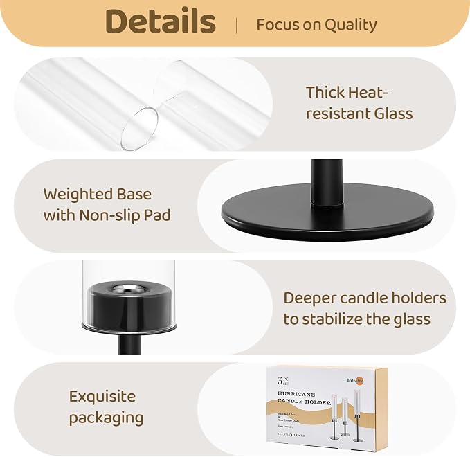Black Hurricane Glass Candle Holders Set of 3, Tall Metal Taper Candle Stick - Image 3