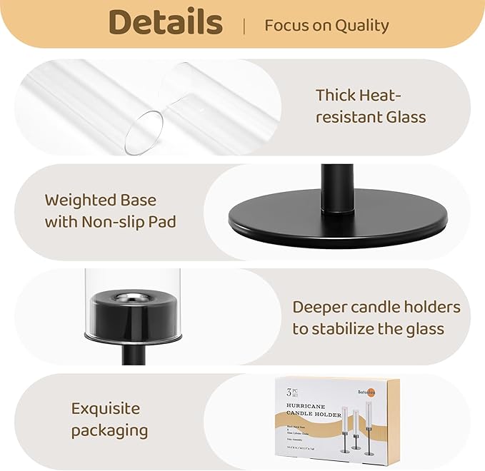 Black Hurricane Glass Candle Holders Set of 6, Tall Metal Taper Candle Stick - Image 3
