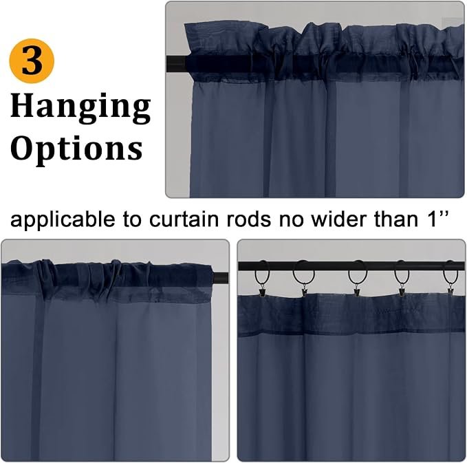 Gwine Navy Blue Sheer Kitchen Curtains 36 Inch Length, Light Filtering Voile - Image 4