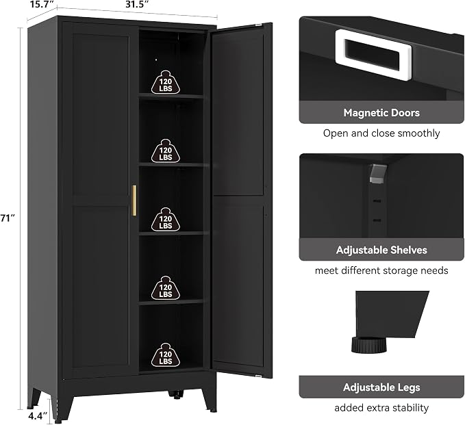YAUWOH 71''Metal Cabinet with 4 Adjustable Shelves, 5-Tier Pantry Storage - Image 3