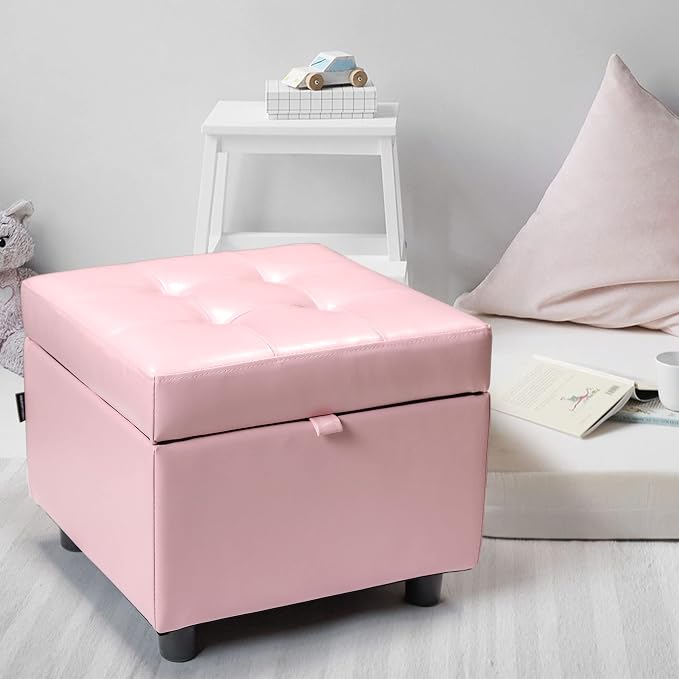 H&B Luxuries Tufted Leather Square Flip Top Storage Ottoman Cube Foot Rest - Image 2