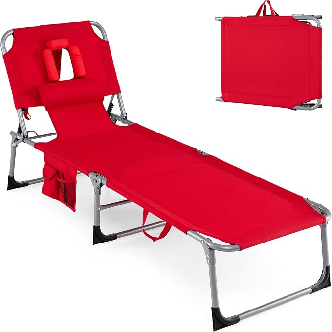 Goplus Tanning Chair, Folding Adjustable Patio Lounger w/Face Arm Holes by Goplus