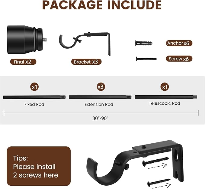 1” Diameter Matte Black Curtain Rods Itself is 30 to 90 inch, 1 Pack Fit 30-84 - Image 2