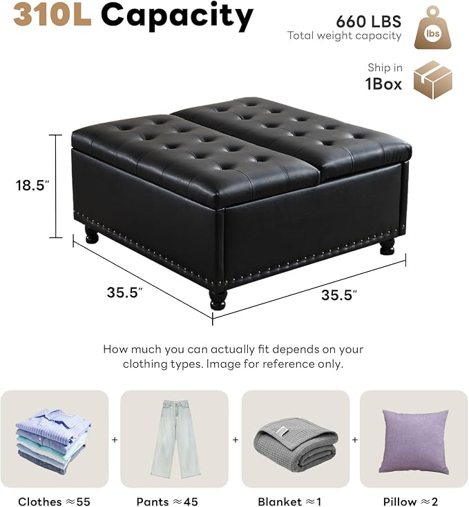 Tbfit Large Square Storage Ottoman Bench, Tufted Upholstered Coffee Table - Image 2