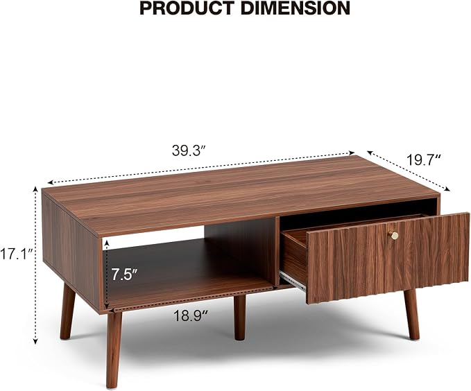 LCRBOL Coffee Table with Storage, Mid Century Dining Table with Fluted Drawer - Image 2