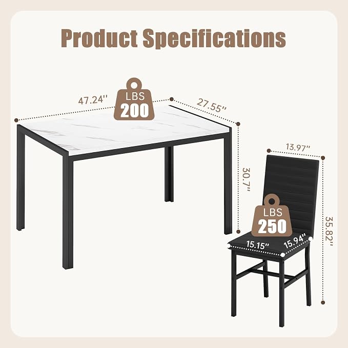 Recaceik Dining Table Set for 4, Modern 5 Piece Dining Table Set Faux Marble - Image 6