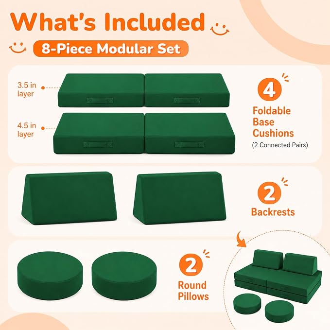MeMoreCool Kids Play Couch, 8-Piece Modular Foam Sofa Fort Builder Set in - Image 7
