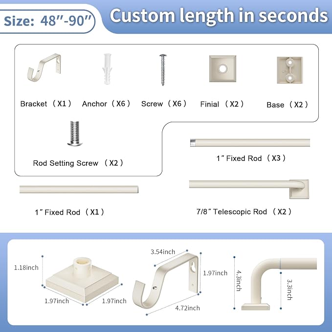 Beige White Curtain Rods for Windows 48-90Inch Heavy Duty Wrap Around Blackout - Image 8