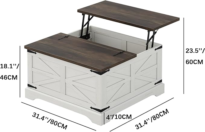 Furnideco Farmhouse Lift Top Coffee Table, Square Wood Center Table - Image 2