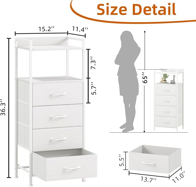 Somdot White Nightstand with 4 Drawers, Vertical Storage Tower Fabric Dresser - Image 3