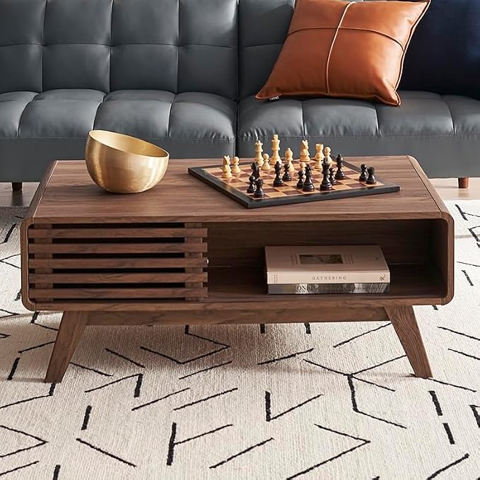 mopio Ensley Dual-Side Storage Coffee Table – Mid Century Modern Fluted Wood by MopioInc