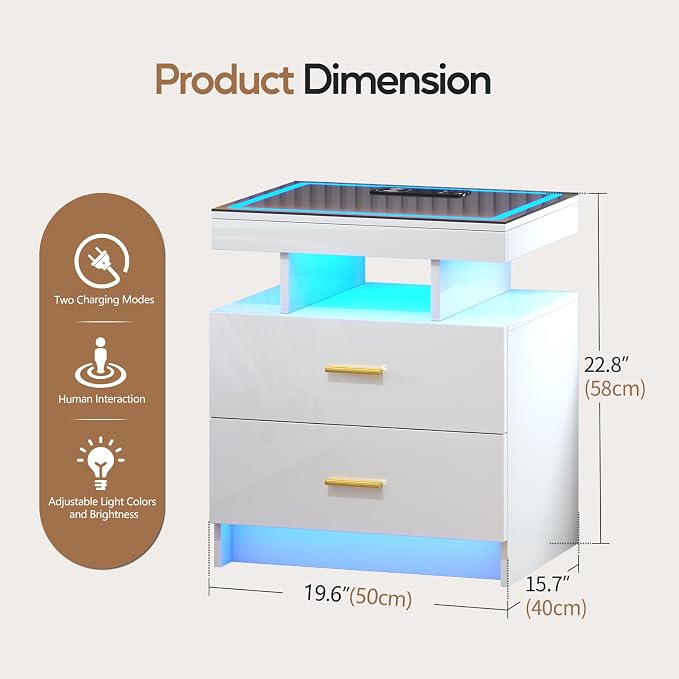 LED Nightstand with Wireless Charging Station, Glass Top Smart Bedside Table - Image 2