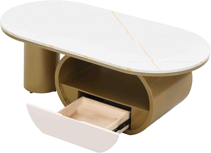 Modern Oval Coffee Table, 47.24" White Faux Marble Coffee Table - Image 5
