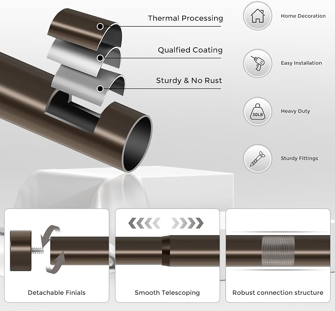 VOIIY 2 Pack Curtain Rods for Windows 48 to 84 Inch, Bronze 1'' Diameter - Image 7