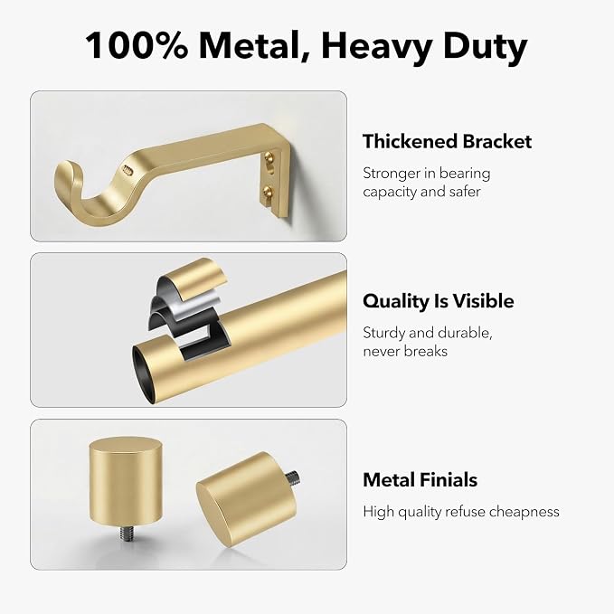 IFELS Heavy Duty Curtain Rods for Windows 28 to 48 Inch, 1 Inch Gold Curtain - Image 4